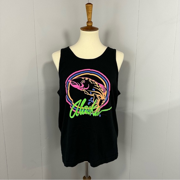 Vintage 90’s Neon Print Alaska Tourist Tank - Black Cotton Unisex Graphic Tour - Picture 2 of 10